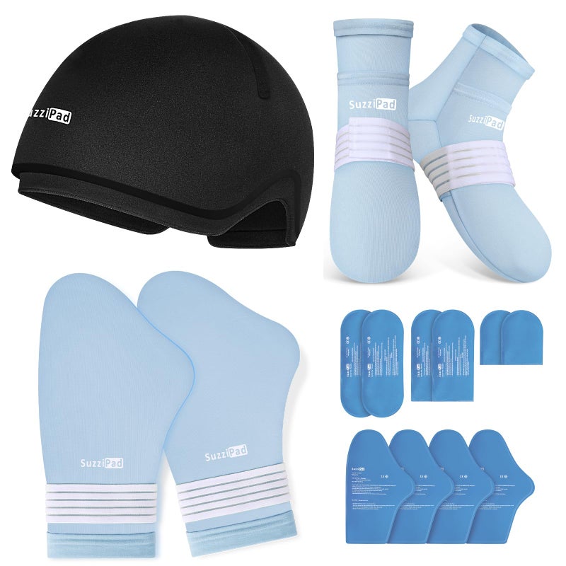 Suzzipad Cold Therapy Socks and Hand Ice Pack Cooling Gloves for Chemotherapy Stress Relief Caps Ideal for Carpal Chemo Care Package for Women Men SM